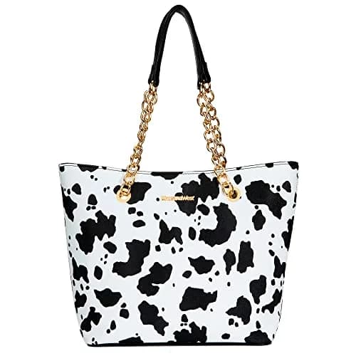 Montana West Tote Bag for Women Chain Top-handle Satchel Handbags Ladies Purses Shoulder Bags MWC-0391BK/COW 31.75 cm (12.5 in) | Elegant PU Leather with Golden Chain Handle thumbnail 1