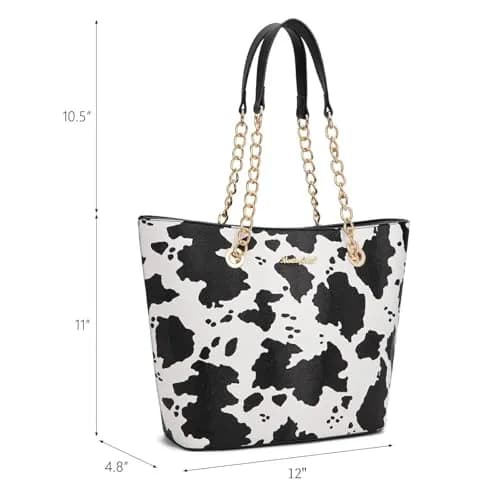 Montana West Tote Bag for Women Chain Top-handle Satchel Handbags Ladies Purses Shoulder Bags MWC-0391BK/COW 31.75 cm (12.5 in) | Elegant PU Leather with Golden Chain Handle thumbnail 9