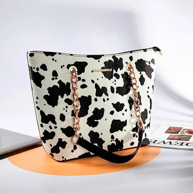 Montana West Tote Bag for Women Chain Top-handle Satchel Handbags Ladies Purses Shoulder Bags MWC-0391BK/COW 31.75 cm (12.5 in) | Elegant PU Leather with Golden Chain Handle thumbnail 2