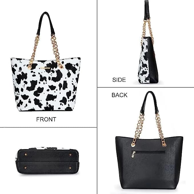 Montana West Tote Bag for Women Chain Top-handle Satchel Handbags Ladies Purses Shoulder Bags MWC-0391BK/COW 31.75 cm (12.5 in) | Elegant PU Leather with Golden Chain Handle thumbnail 6