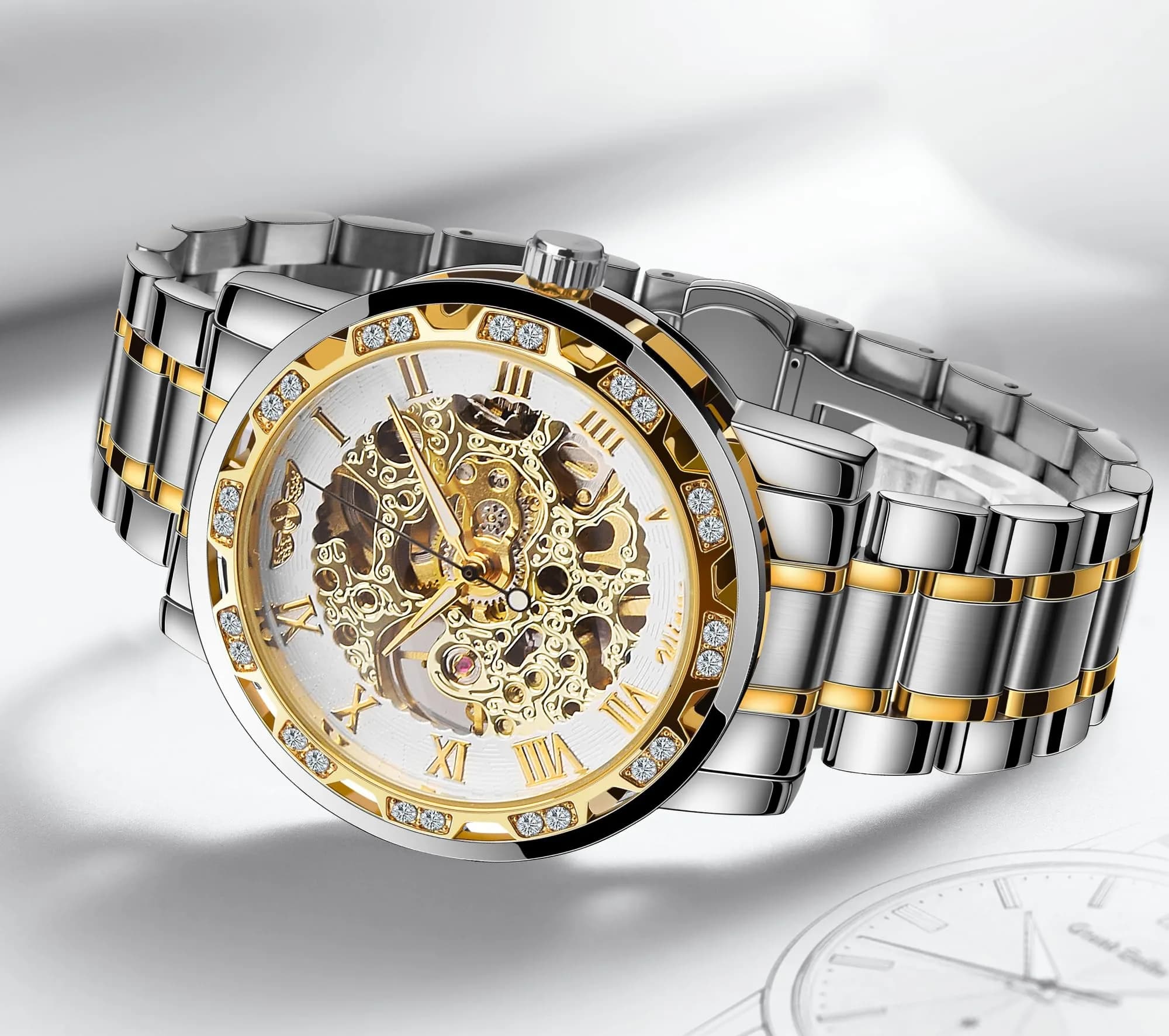 FORSINING Retro Steampunk Skeleton Automatic Diamond Men's Watch | 40mm Case, 21cm Strap - view 8