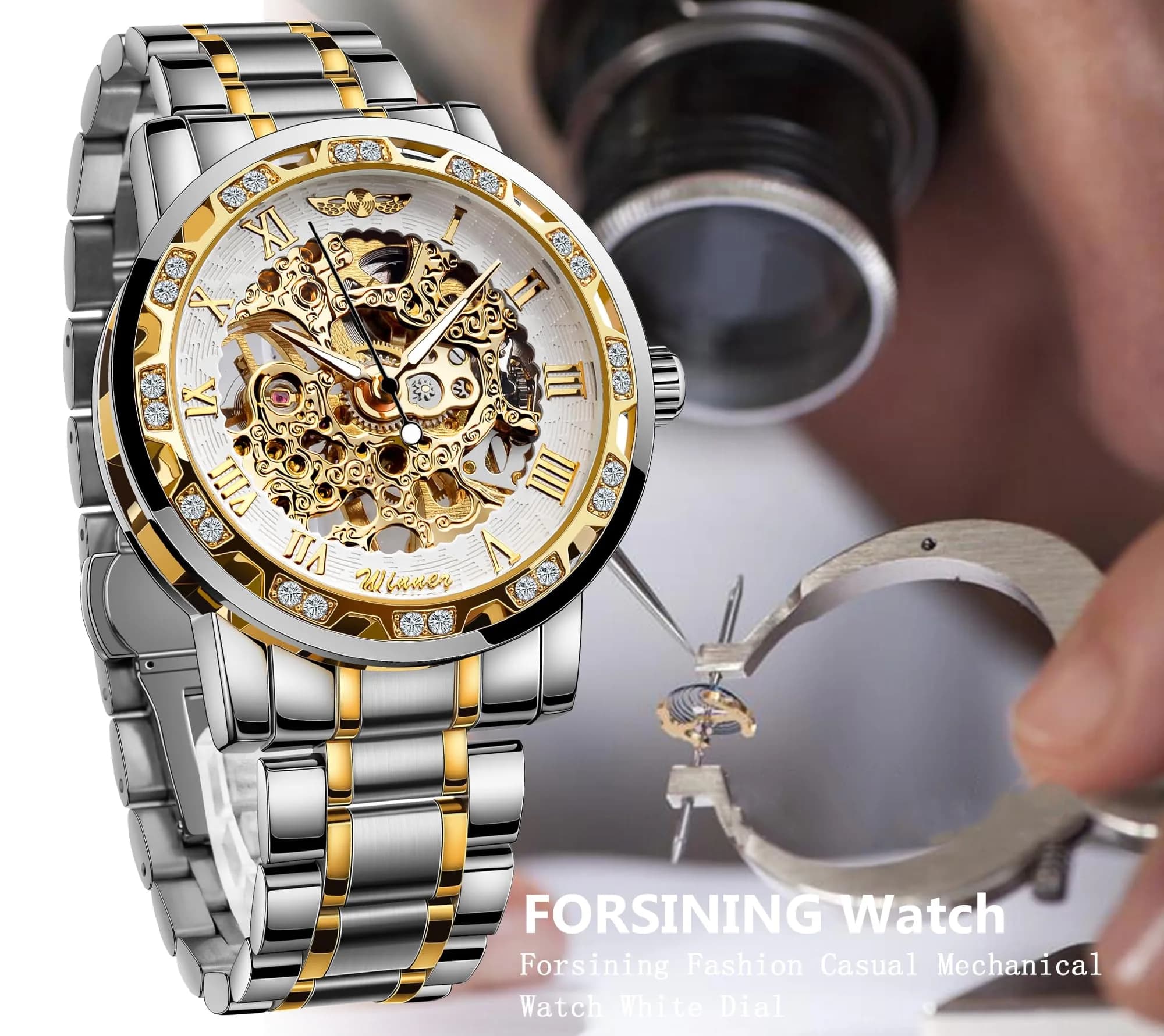 FORSINING SilverWhite Retro Steampunk Skeleton Automatic Diamond Men's Watch 45mm - view 3