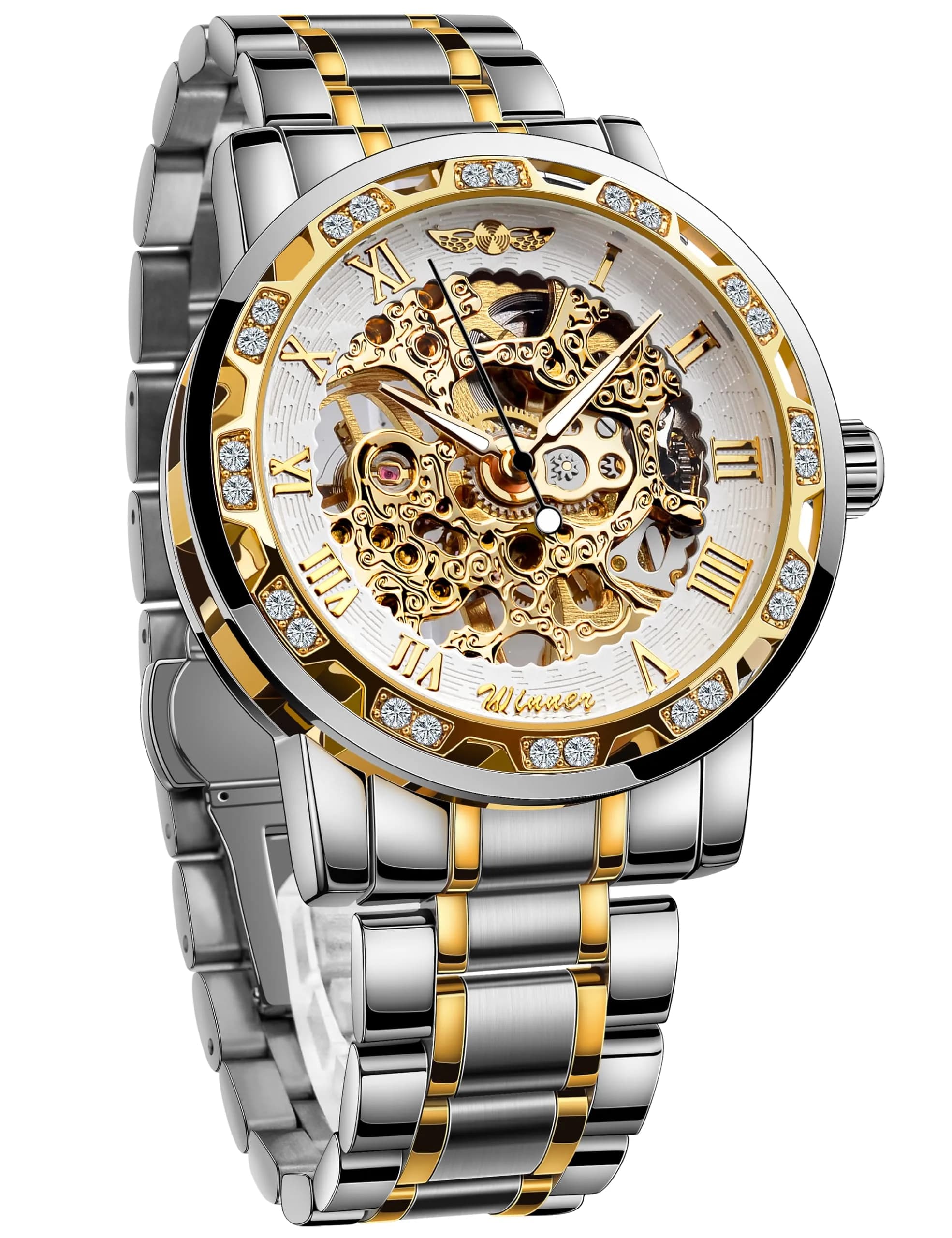 FORSINING Retro Steampunk Skeleton Automatic Diamond Men's Watch 45mm (1.77in) | Luxury Mechanical Wrist Watch — SilverWhite