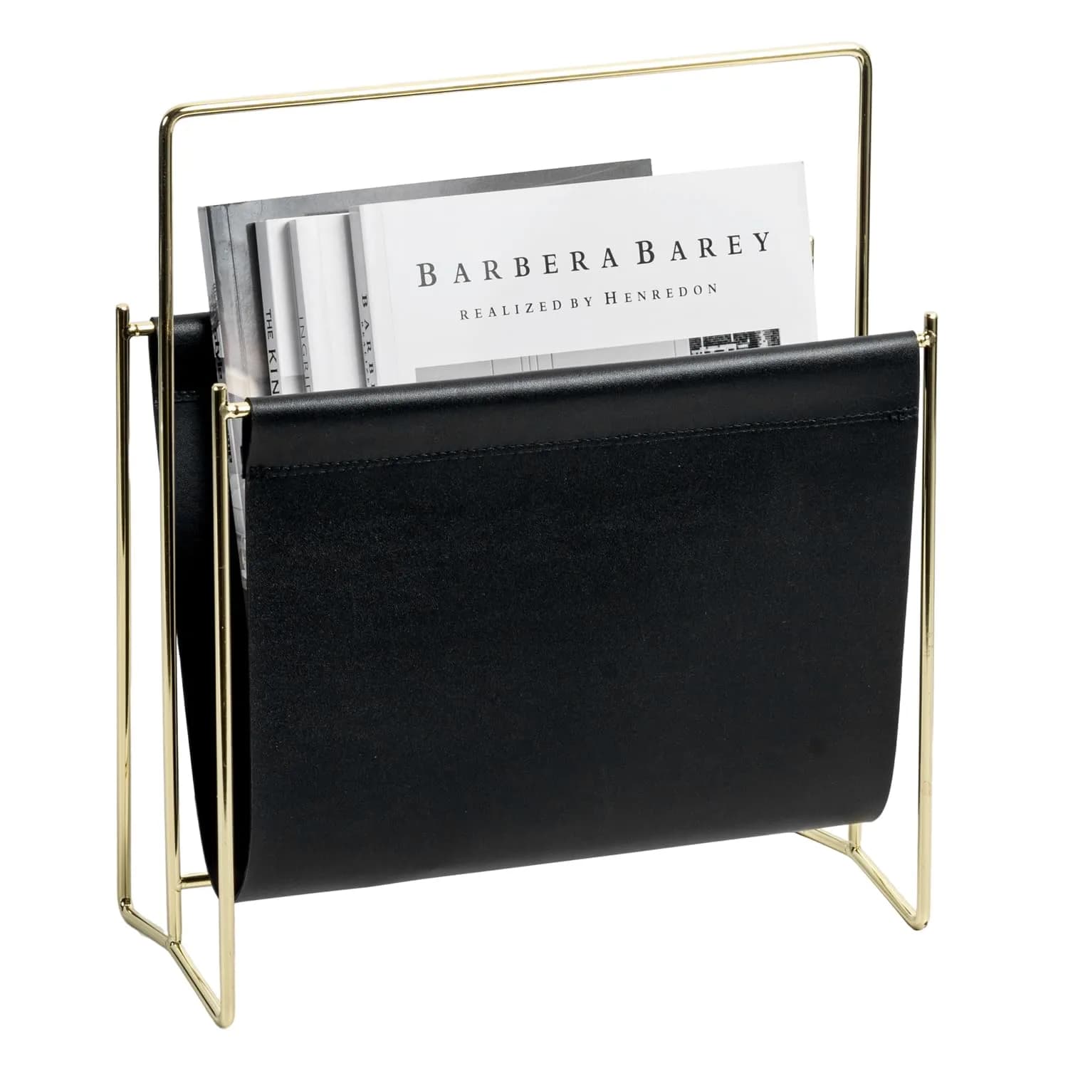 MyGift Black Leatherette Magazine Holder with Brass Metal Frame, 13 Inch | Modern Contemporary Desk Organizer