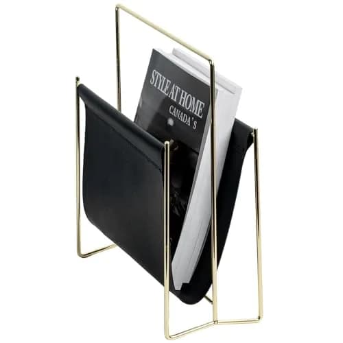 MyGift Black Leatherette Magazine Holder with Brass Metal Frame, 13 Inch | Modern Contemporary Desk Organizer thumbnail 7