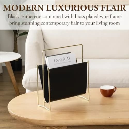 MyGift Black Leatherette Magazine Holder with Brass Metal Frame, 13 Inch | Modern Contemporary Desk Organizer thumbnail 2