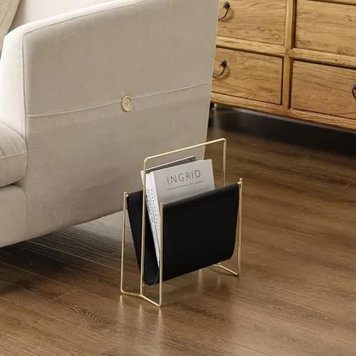 MyGift Black Leatherette Magazine Holder with Brass Metal Frame, 13 Inch | Modern Contemporary Desk Organizer thumbnail 3