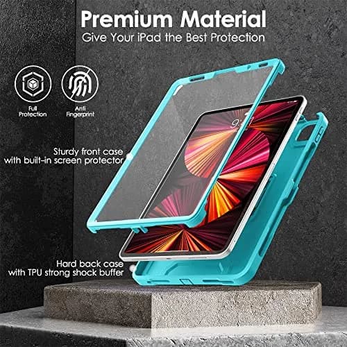 DTTO for iPad Pro 11 Inch Case 4th/3rd/2nd/1st Gen 2022/2021/2020, Cyan Blue | Shock-Resistant Dual Layer Cover with Kickstand thumbnail 6