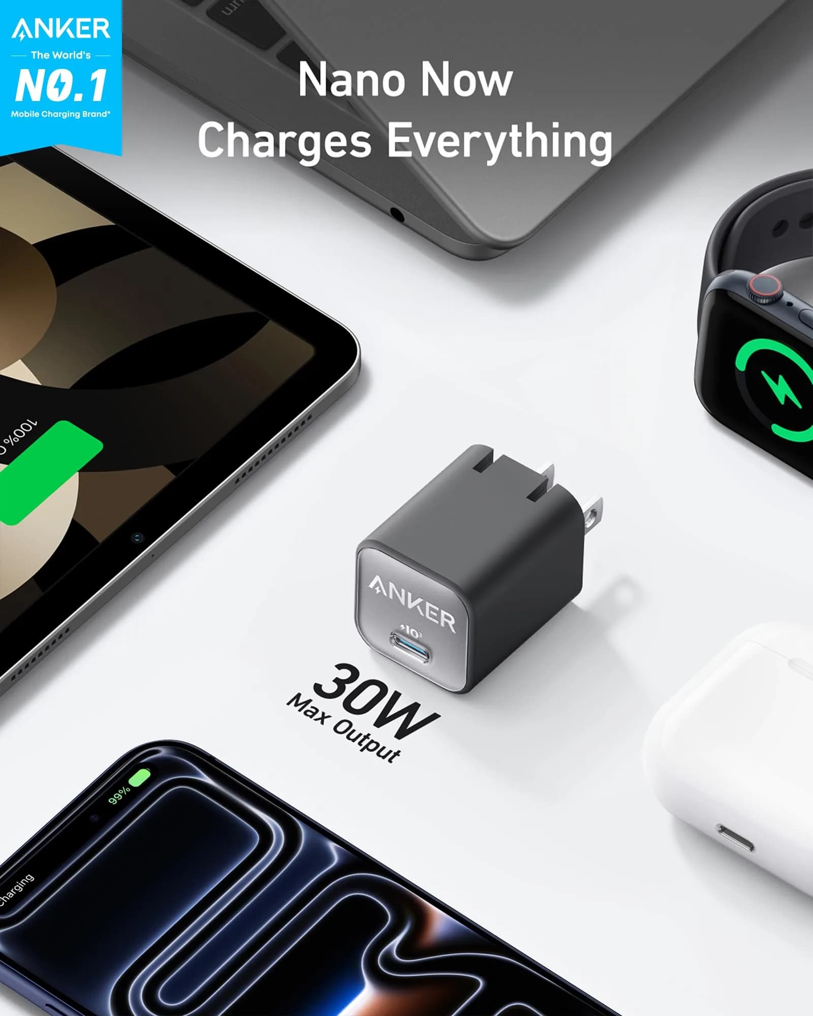 Anker Nano 3 30W GaN USB C Charger | Phantom Black, 28.5mm x 28.5mm x 35.5mm - view 2