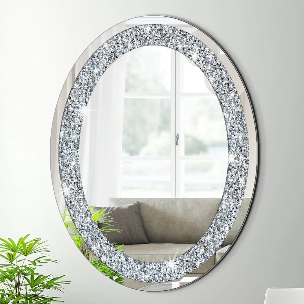 DMDFIRST Crystal Crushed Diamond Oval Shaped Silver Mirror 24x32 inch Frameless Wall Decor