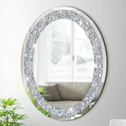 DMDFIRST Crystal Crushed Diamond Oval Shaped Silver Mirror 24x32 inch Frameless Wall Decor thumbnail 1