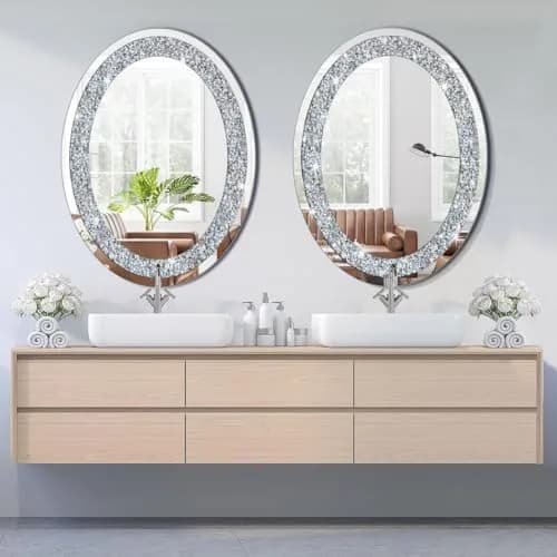 DMDFIRST Crystal Crushed Diamond Oval Shaped Silver Mirror 24x32 inch Frameless Wall Decor thumbnail 6