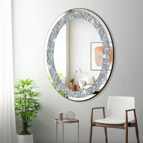 DMDFIRST Crystal Crushed Diamond Oval Shaped Silver Mirror 24x32 inch Frameless Wall Decor thumbnail 2