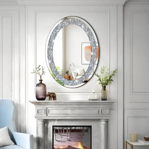 DMDFIRST Crystal Crushed Diamond Oval Shaped Silver Mirror 24x32 inch Frameless Wall Decor thumbnail 3