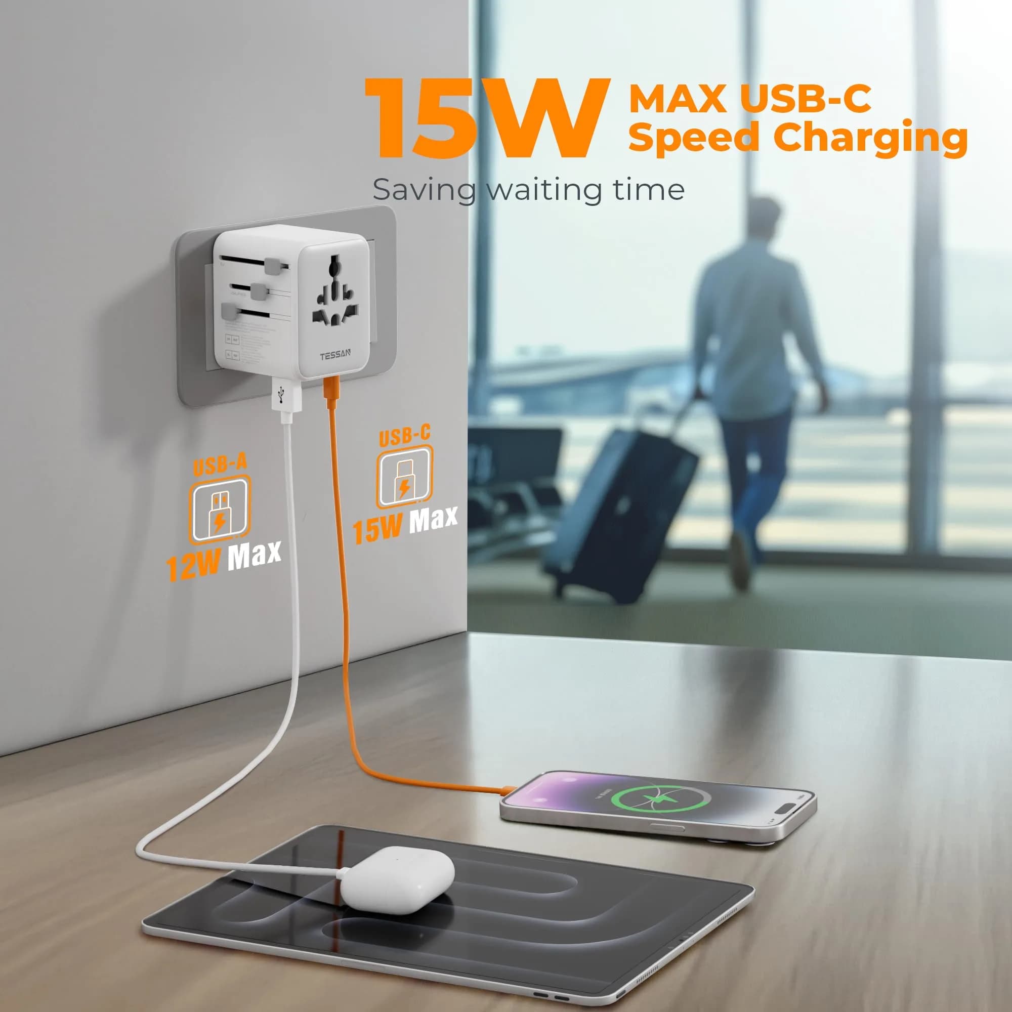 TESSAN Universal Travel Adapter 28W, International Power Adapter with 3 USB C & 2 USB A Ports - view 3