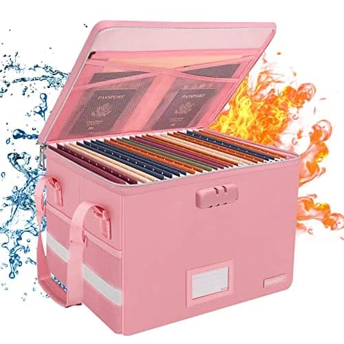 ENGPOW Fireproof Document Box with Lock, Collapsible File Organizer 34L (15.55" x 12.2" x 10") | UL94-V0/5VA Certified — Pink