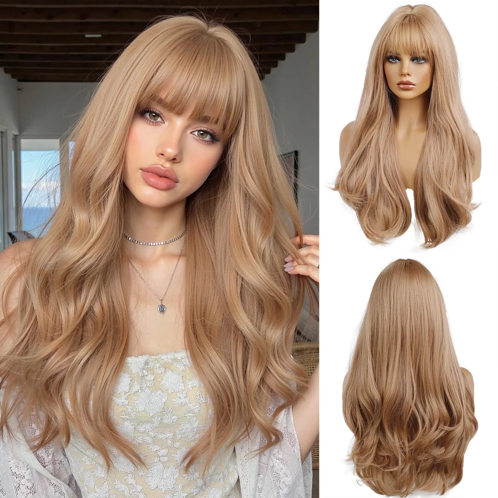 OUFEI Long Wavy Strawberry Blonde Wig with Bangs for Women 24 Inches Heat Resistant Synthetic Hair