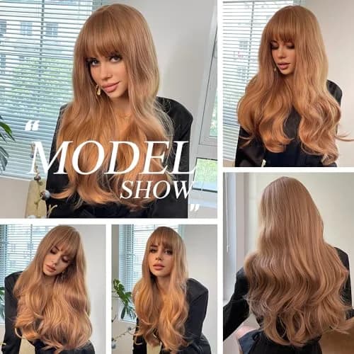 OUFEI Long Wavy Strawberry Blonde Wig with Bangs for Women 24 Inches Heat Resistant Synthetic Hair thumbnail 6