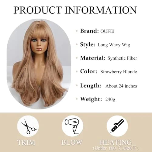 OUFEI Long Wavy Strawberry Blonde Wig with Bangs for Women 24 Inches Heat Resistant Synthetic Hair thumbnail 2