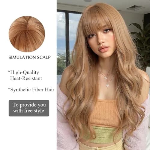 OUFEI Long Wavy Strawberry Blonde Wig with Bangs for Women 24 Inches Heat Resistant Synthetic Hair thumbnail 3