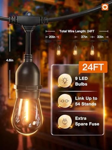 addlon LED Outdoor String Lights 24FT Edison Vintage Weatherproof ETL | Vintage Edison Bulb Style, Weatherproof, 8 Sockets, 24 Feet thumbnail 5