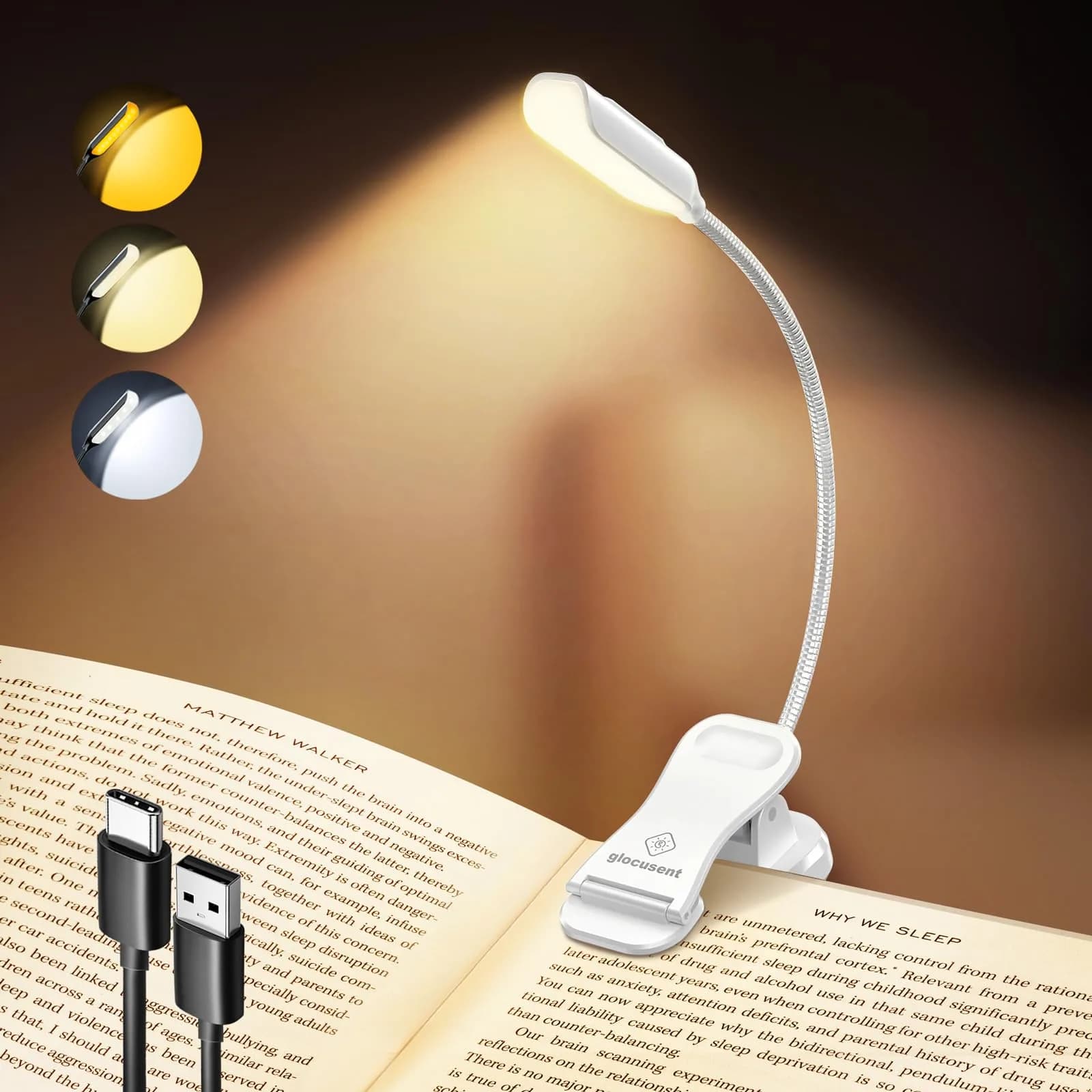 Glocusent Willow Book Light 45g (1.4oz) | 3 Colors, 3 Brightness, USB-C Rechargeable, 80hr Runtime — White