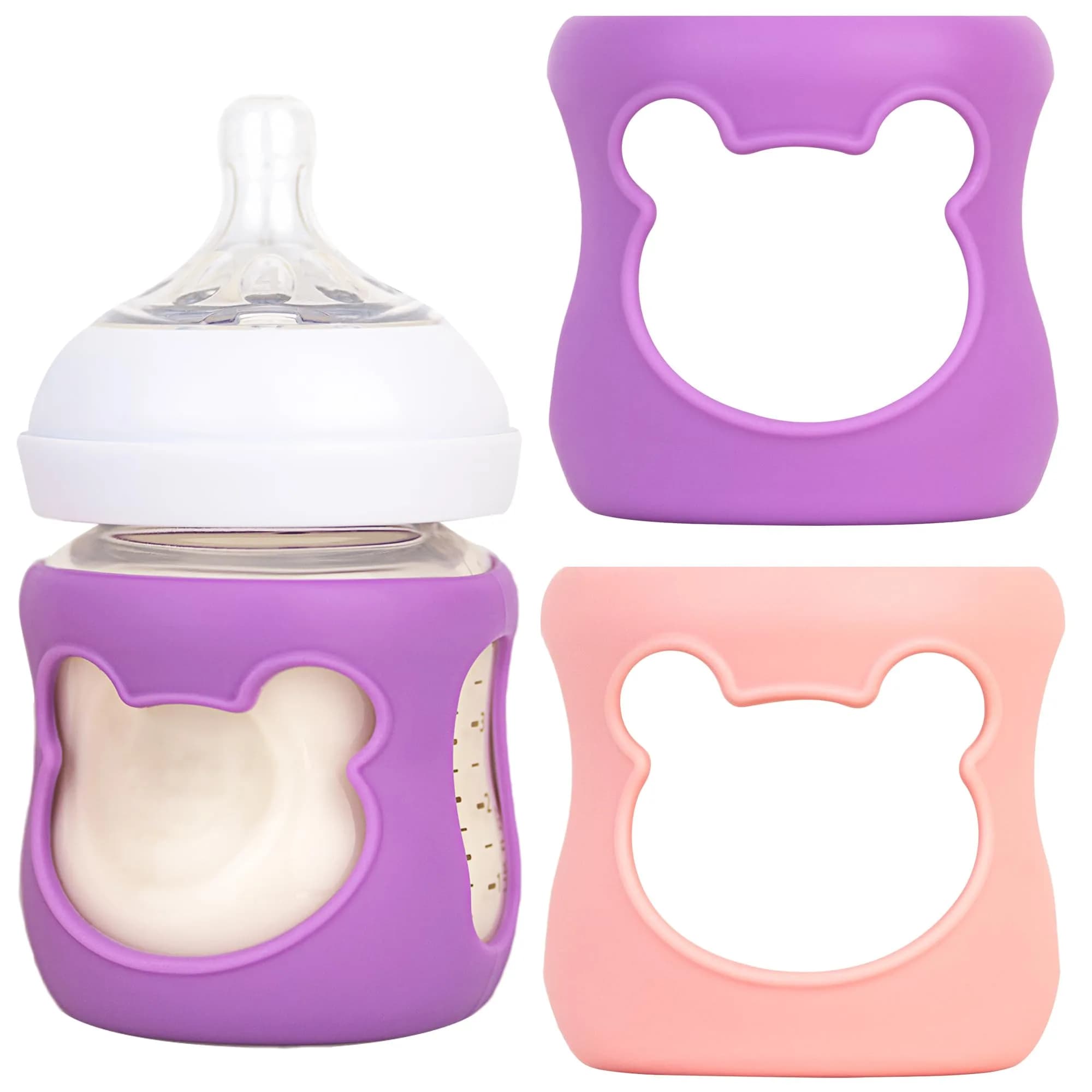 Aelop Natural Baby Bottle Sleeves for Philips Avent 4oz Glass Bottles | Pack of 2 (Blue/Turquoise) with Cute Bear Design — Pink/Purple