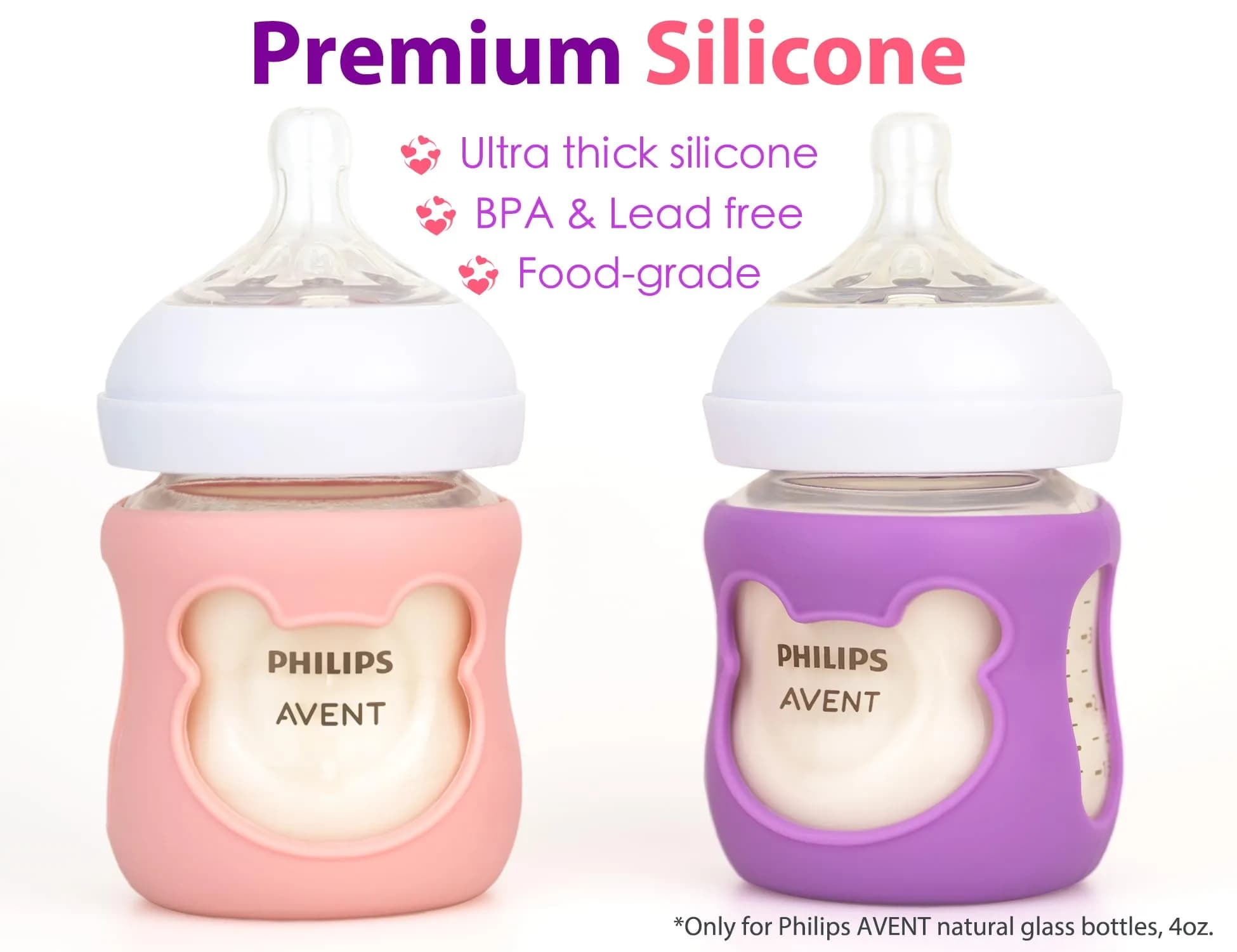 Aelop Silicone Baby Bottle Sleeves for Philips Avent 120ml (4oz) Pack of 2 (Pink/Purple) | Cute Bear Design - view 2