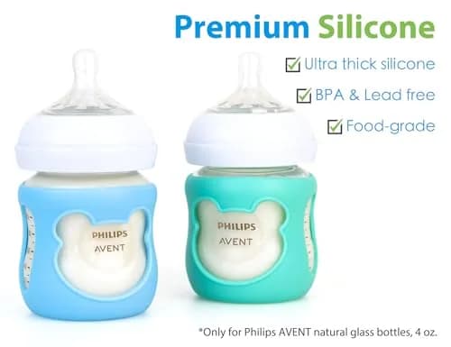 Aelop Natural Baby Bottle Sleeves for Philips Avent 4oz Glass Bottles | Pack of 2 (Blue/Turquoise) with Cute Bear Design thumbnail 2