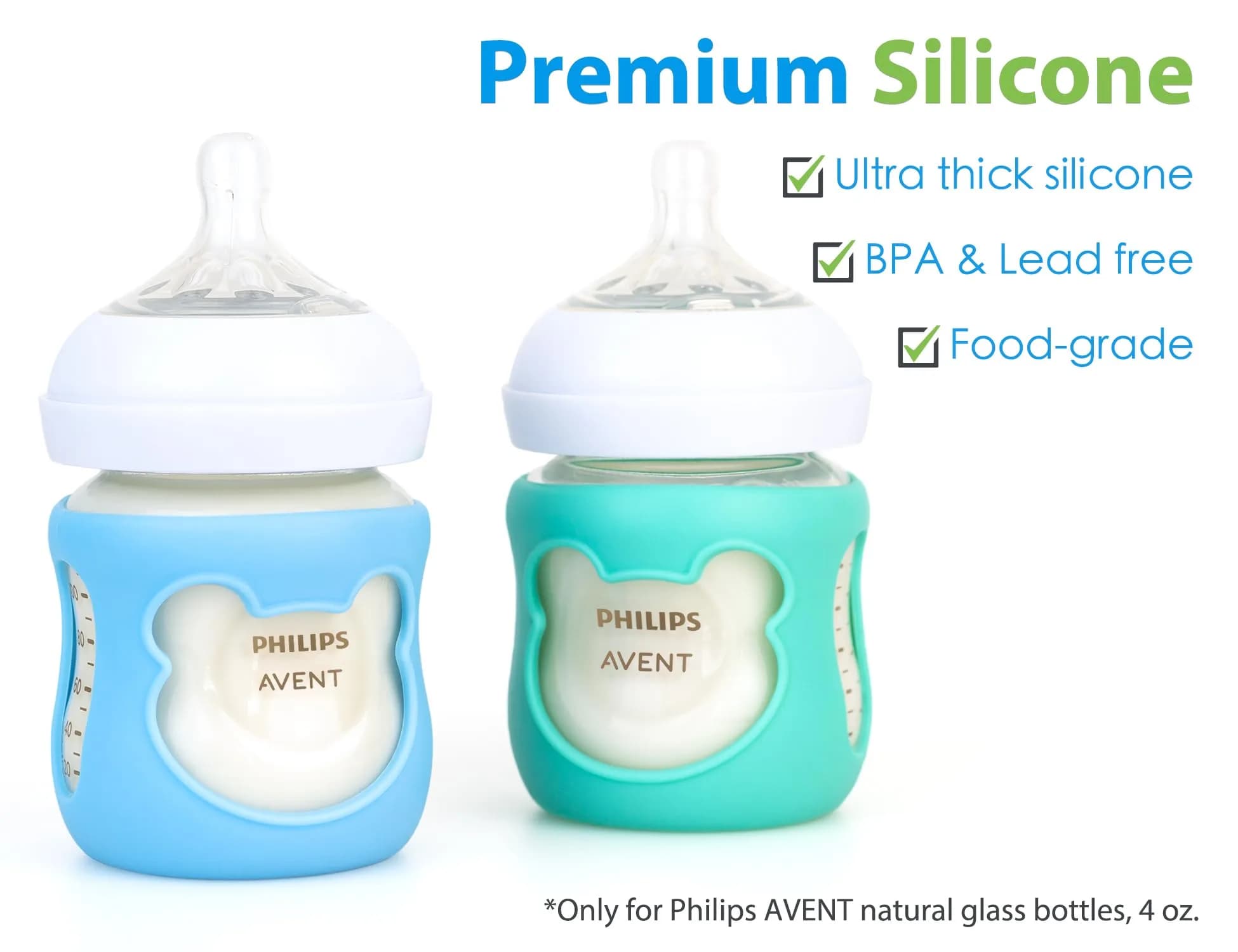 Aelop Natural Baby Bottle Sleeves for Philips Avent 4oz Glass Bottles | Pack of 2 (Blue/Turquoise) with Cute Bear Design - view 2
