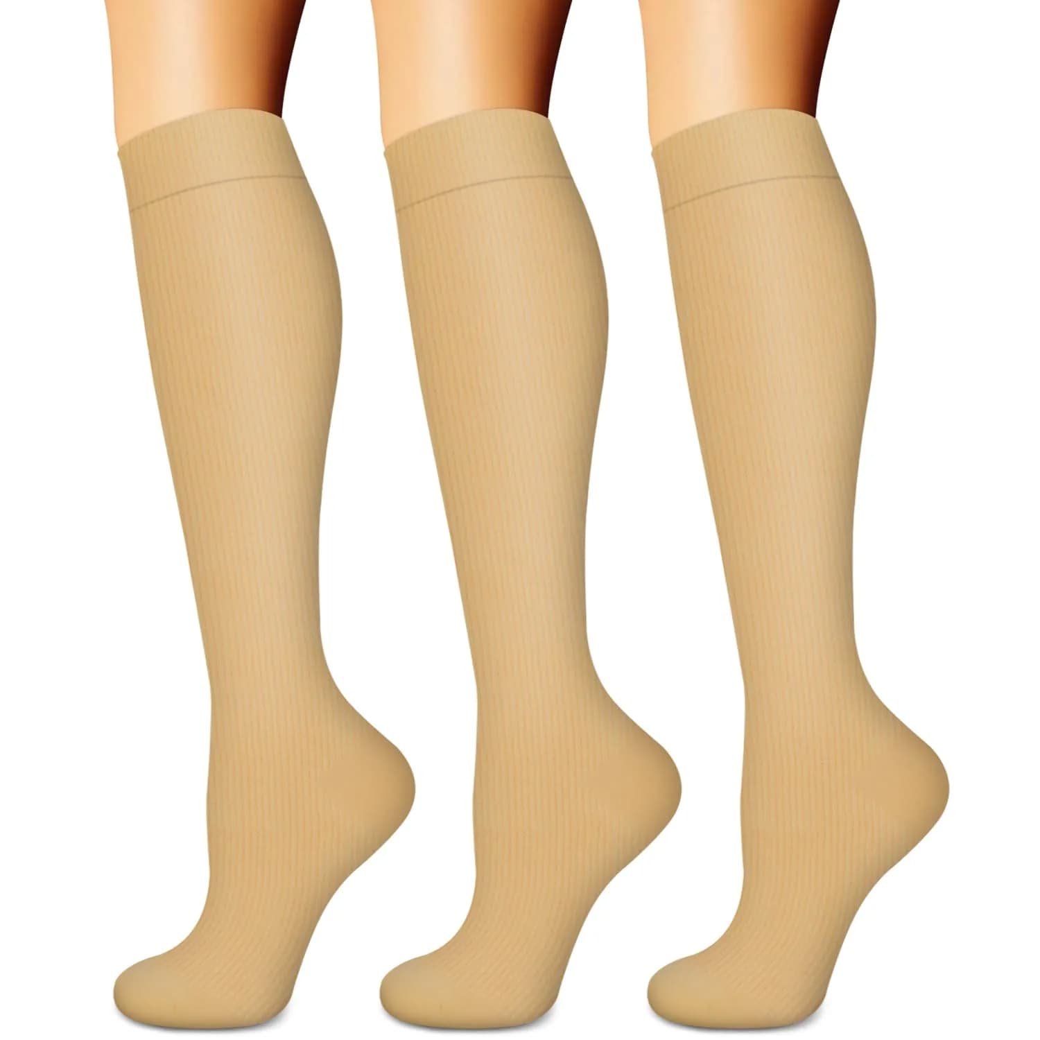 BLUEENJOY Compression Socks for Women & Men (3 Pairs, Large-X-Large) | Graduated 15-20 mmHg Support for Circulation & Recovery — Beige/Beige/Beige