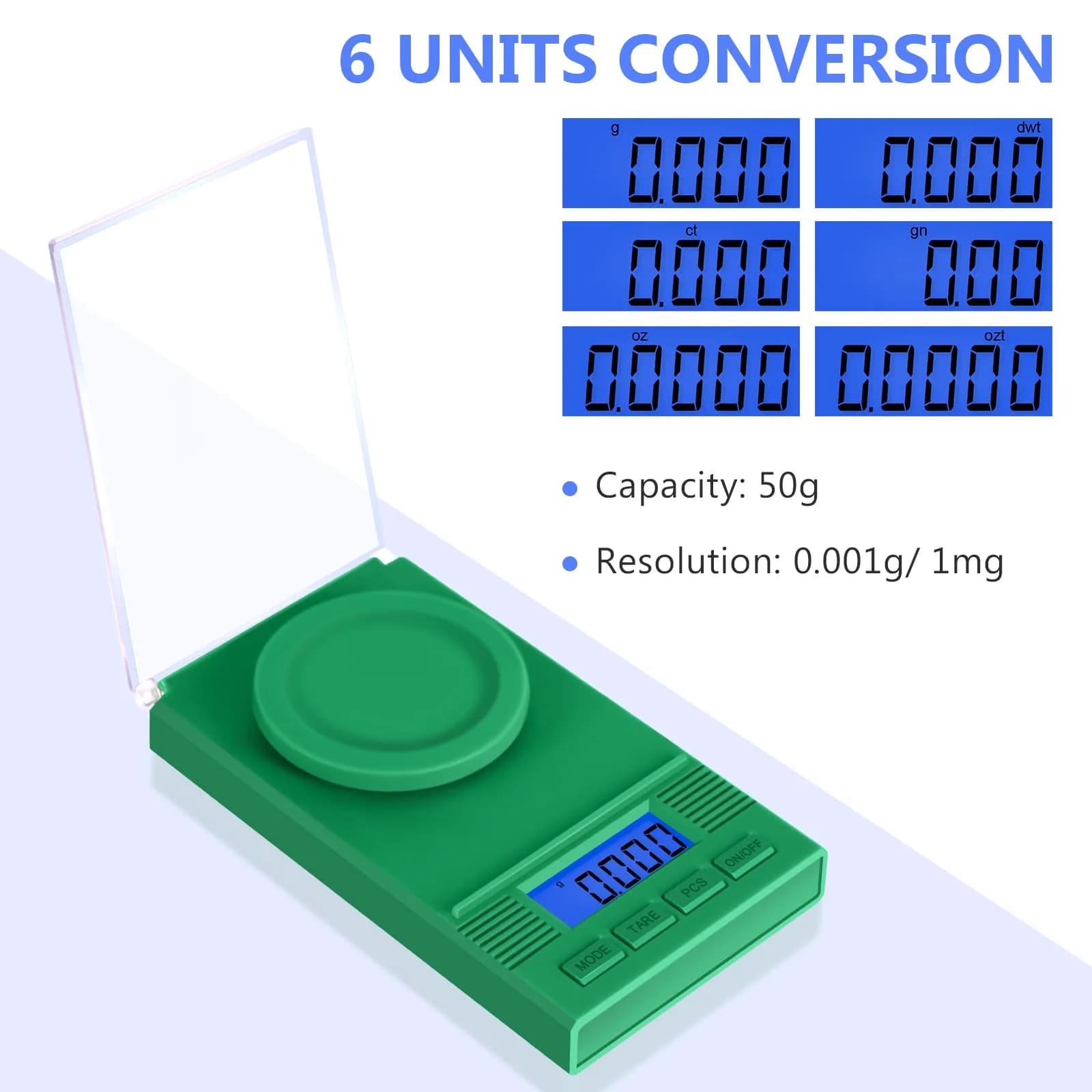 Fuzion Digital Milligram Scale 50g (0.001g) | Green 6-in-1 Kit with Calibration Weight & Carry Bag - view 2