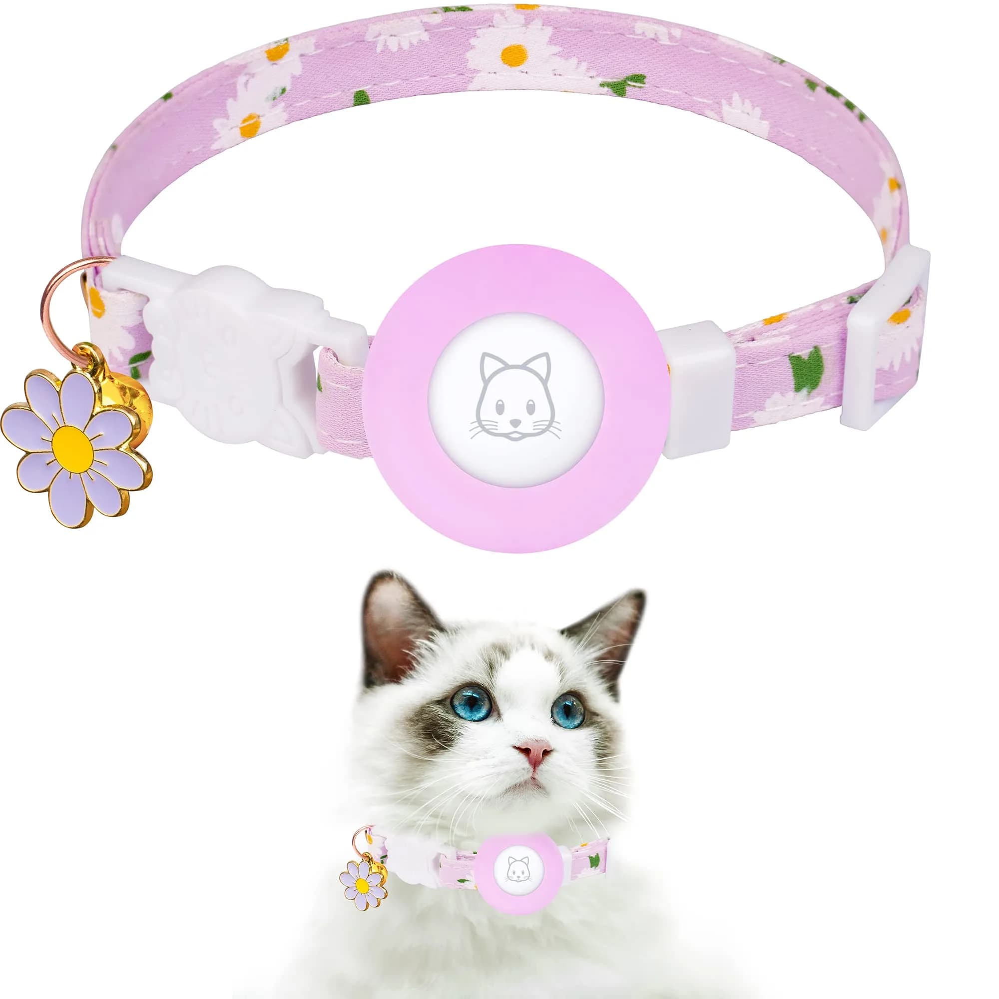 JXFUKAL Purple Airtag Cat Collar with Breakaway Buckle, Silicone Holder, Bell & Flower Charm - main product image