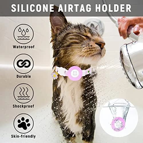 JXFUKAL Airtag Cat Collar with Breakaway Buckle, Silicone AirTag Holder, Bell & Flower Charm for Cats & Small Dogs (Purple, 7.1"-11.8") thumbnail 6