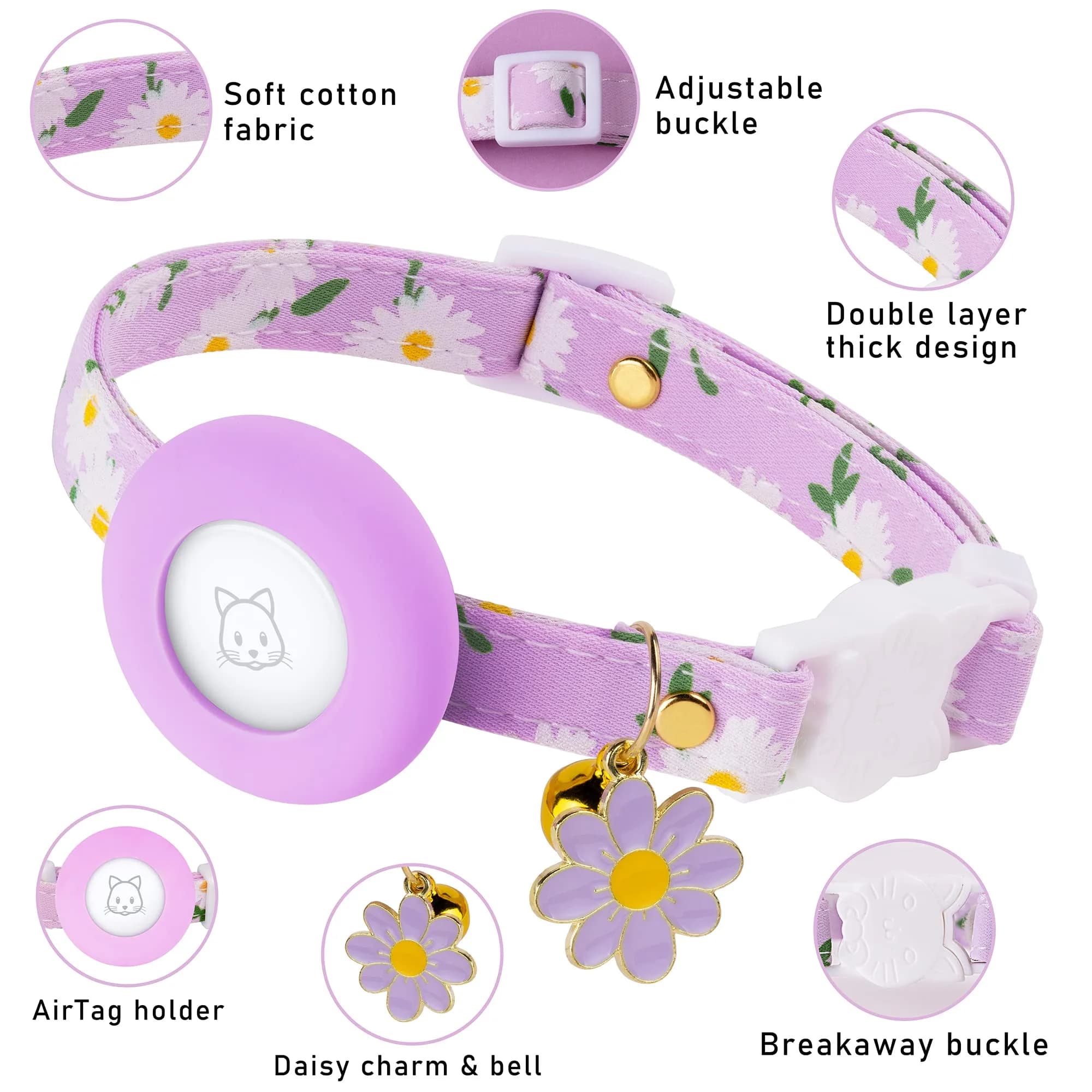 JXFUKAL Purple Airtag Cat Collar with Breakaway Buckle, Silicone Holder, Bell & Flower Charm - view 2