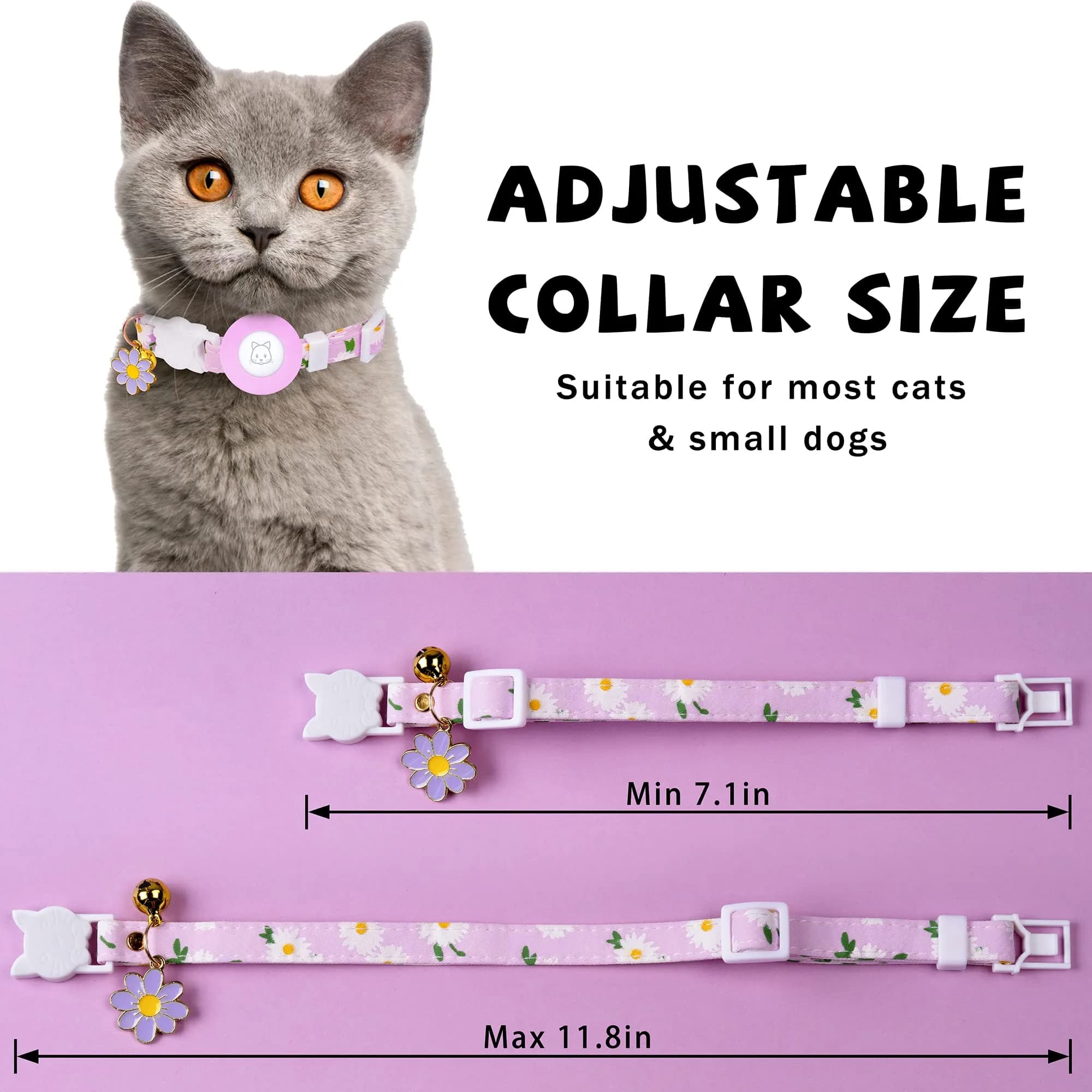 JXFUKAL Purple Airtag Cat Collar with Breakaway Buckle, Silicone Holder, Bell & Flower Charm - view 3