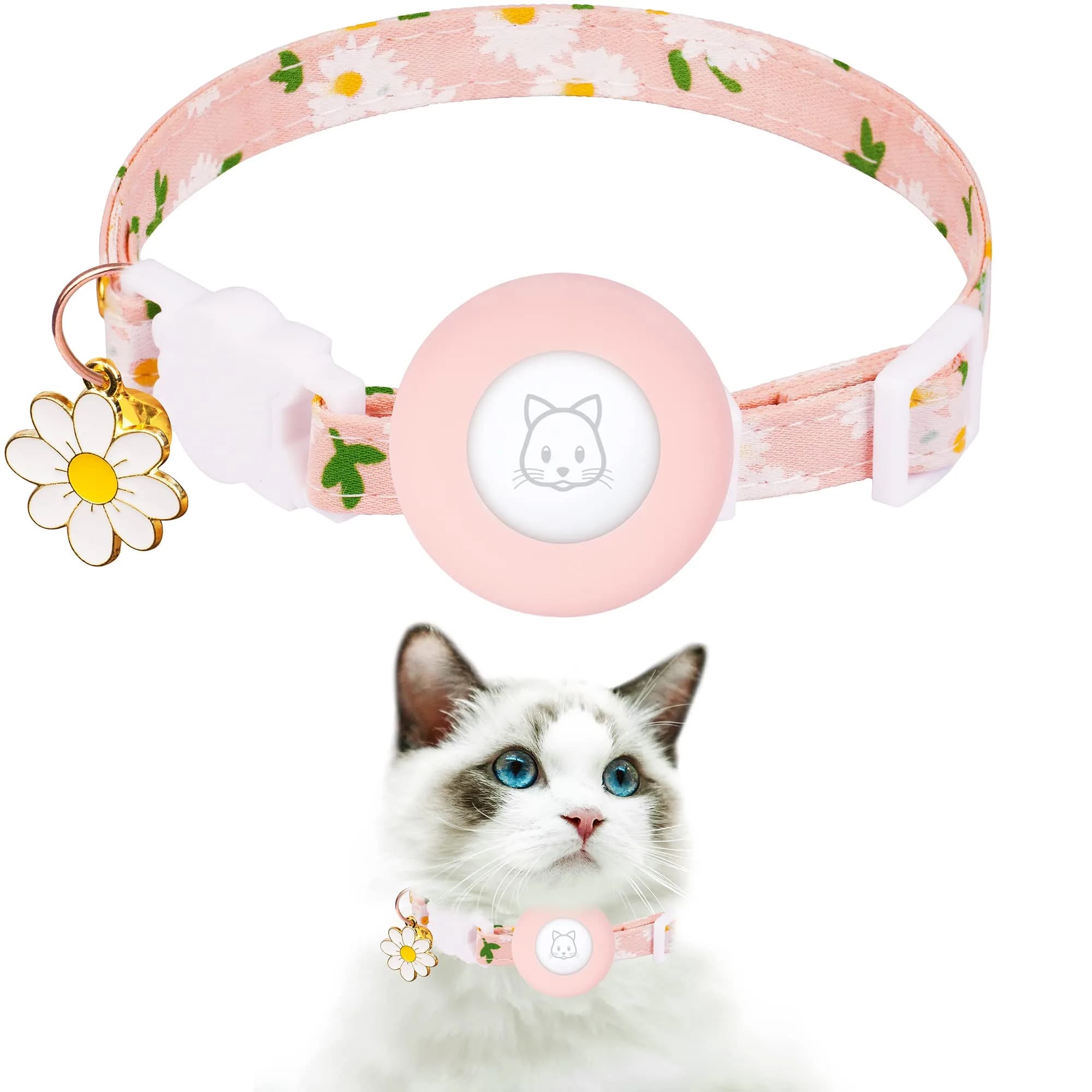 JXFUKAL Airtag Cat Collar with Breakaway Buckle, Silicone AirTag Holder, Bell & Flower Charm for Small Cats & Dogs (Pink) | Adjustable 7.1"-11.8" Neck Size - main product image