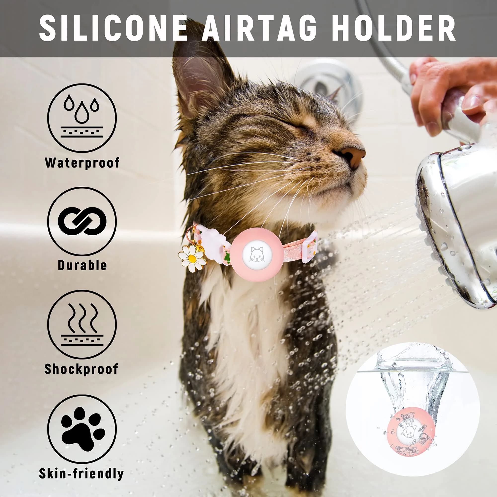JXFUKAL Airtag Cat Collar with Breakaway Buckle, Silicone AirTag Holder, Bell & Flower Charm for Small Cats & Dogs (Pink) | Adjustable 7.1"-11.8" Neck Size - view 6