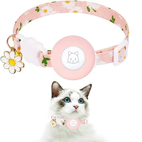 JXFUKAL Airtag Cat Collar with Breakaway Buckle, Silicone AirTag Holder, Bell & Flower Charm for Small Cats & Dogs (Pink) | Adjustable 7.1"-11.8" Neck Size thumbnail 1