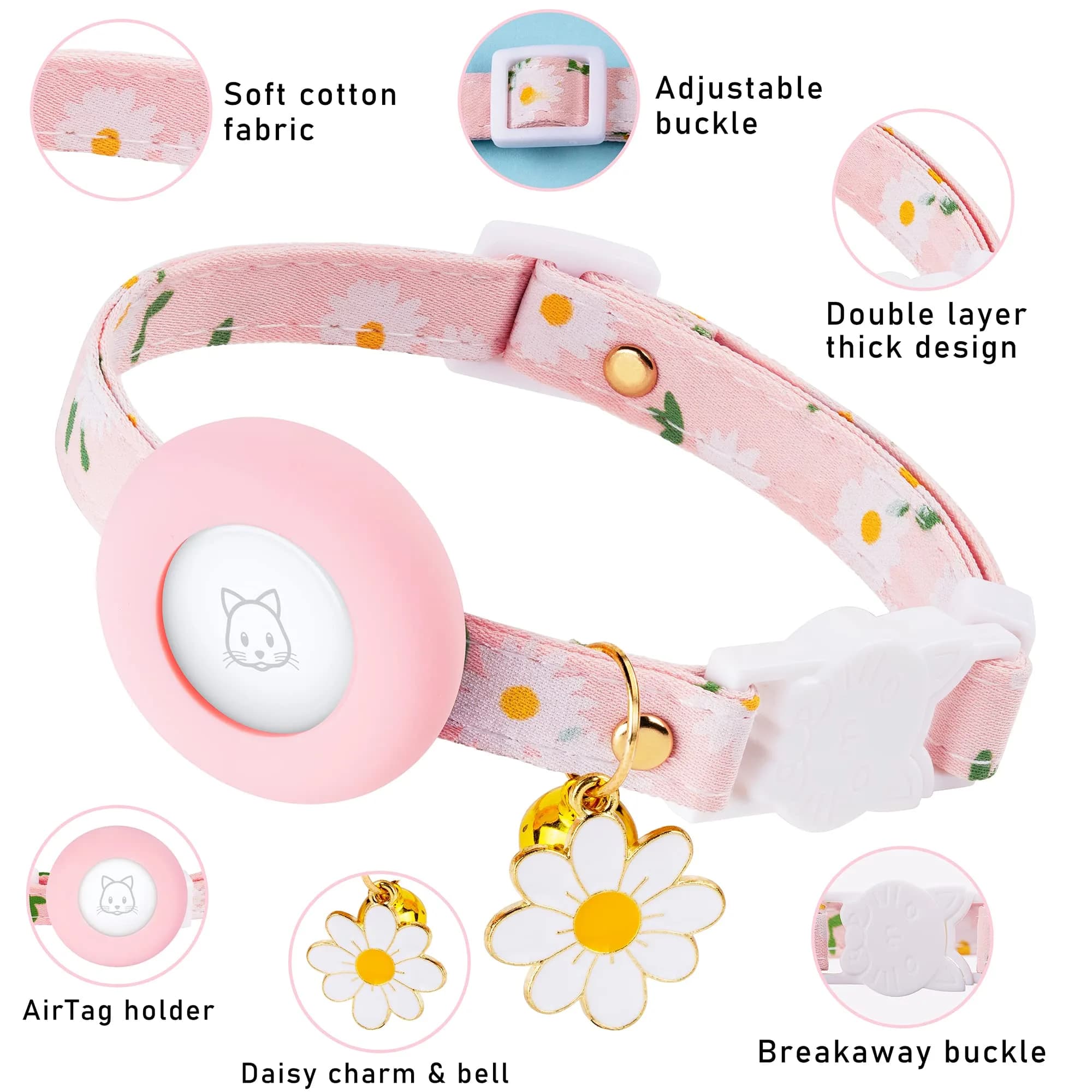 JXFUKAL Airtag Cat Collar with Breakaway Buckle, Silicone AirTag Holder, Bell & Flower Charm for Small Cats & Dogs (Pink) | Adjustable 7.1"-11.8" Neck Size - view 2