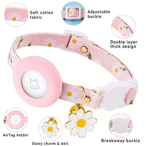 JXFUKAL Airtag Cat Collar with Breakaway Buckle, Silicone AirTag Holder, Bell & Flower Charm for Small Cats & Dogs (Pink) | Adjustable 7.1"-11.8" Neck Size thumbnail 2