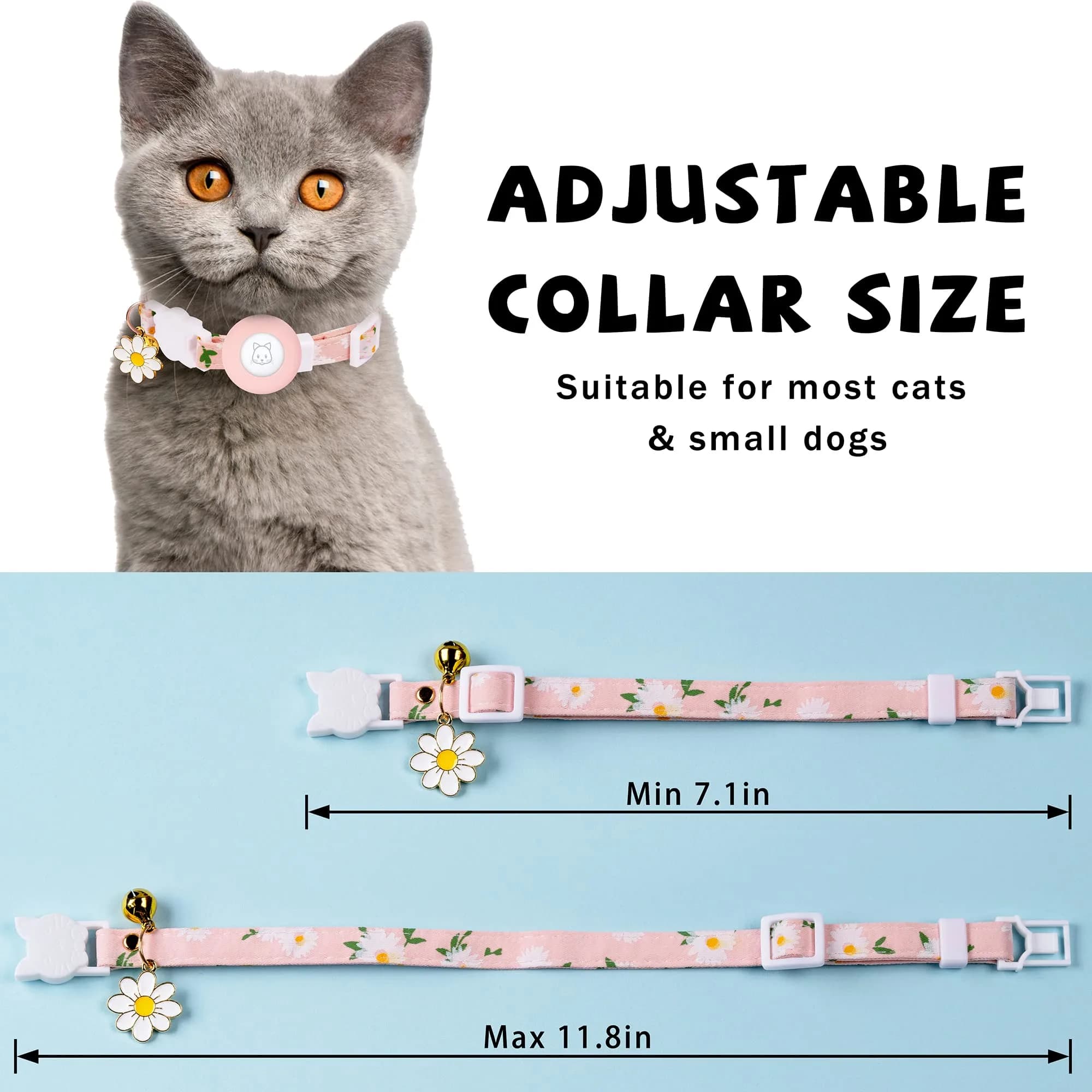 JXFUKAL Airtag Cat Collar with Breakaway Buckle, Silicone AirTag Holder, Bell & Flower Charm for Small Cats & Dogs (Pink) | Adjustable 7.1"-11.8" Neck Size - view 3