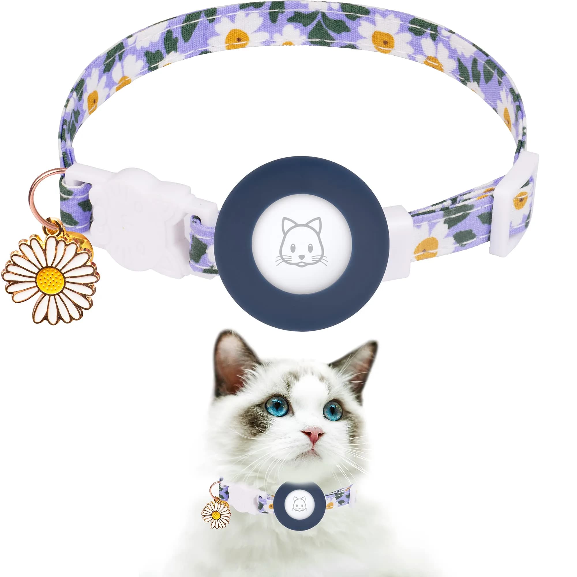 JXFUKAL Airtag Cat Collar with Breakaway Buckle, Silicone AirTag Holder, Bell & Flower Charm for Cats & Small Dogs (Blue, 7.1"-11.8") - main product image