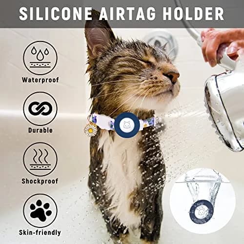 JXFUKAL Airtag Cat Collar with Breakaway Buckle, Silicone AirTag Holder, Bell & Flower Charm for Cats & Small Dogs (Blue, 7.1"-11.8") thumbnail 6
