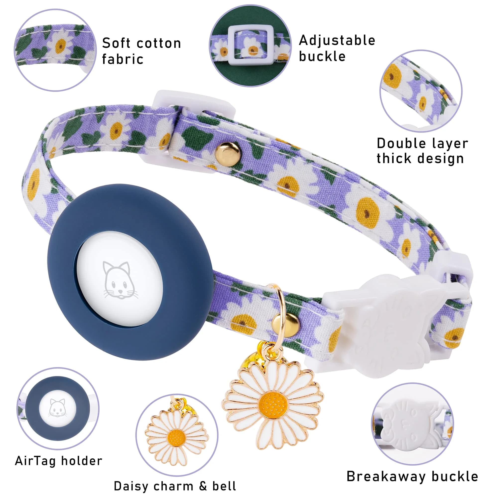 JXFUKAL Airtag Cat Collar with Breakaway Buckle, Silicone AirTag Holder, Bell & Flower Charm for Cats & Small Dogs (Blue, 7.1"-11.8") - view 2
