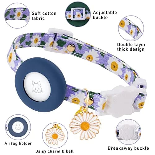 JXFUKAL Airtag Cat Collar with Breakaway Buckle, Silicone AirTag Holder, Bell & Flower Charm for Cats & Small Dogs (Blue, 7.1"-11.8") thumbnail 2