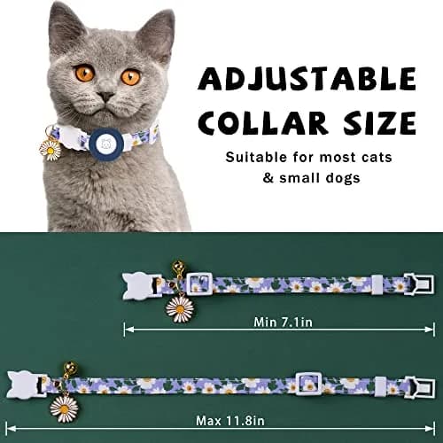 JXFUKAL Airtag Cat Collar with Breakaway Buckle, Silicone AirTag Holder, Bell & Flower Charm for Cats & Small Dogs (Blue, 7.1"-11.8") thumbnail 3