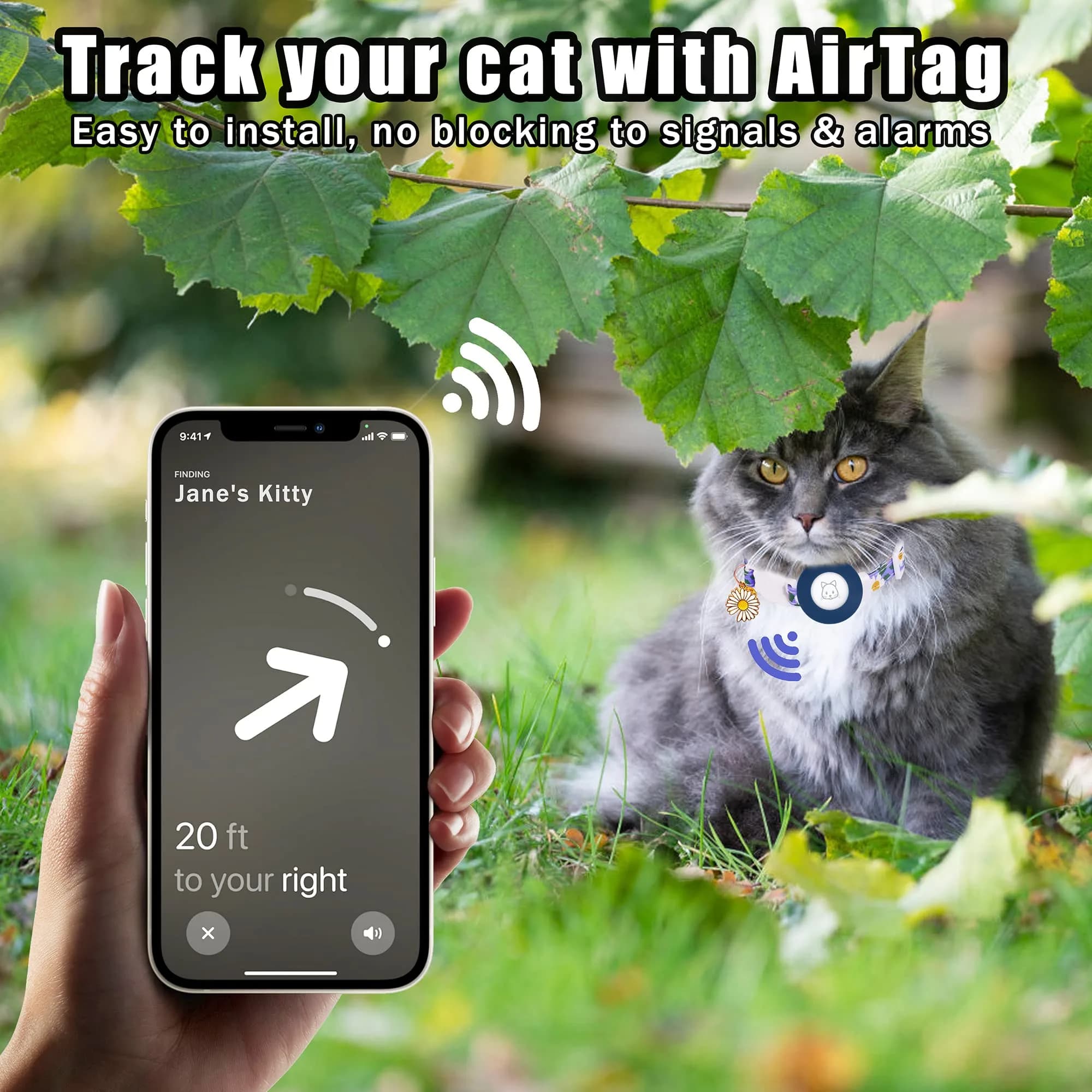 JXFUKAL Airtag Cat Collar with Breakaway Buckle, Silicone AirTag Holder, Bell & Flower Charm for Cats & Small Dogs (Blue, 7.1"-11.8") - view 4
