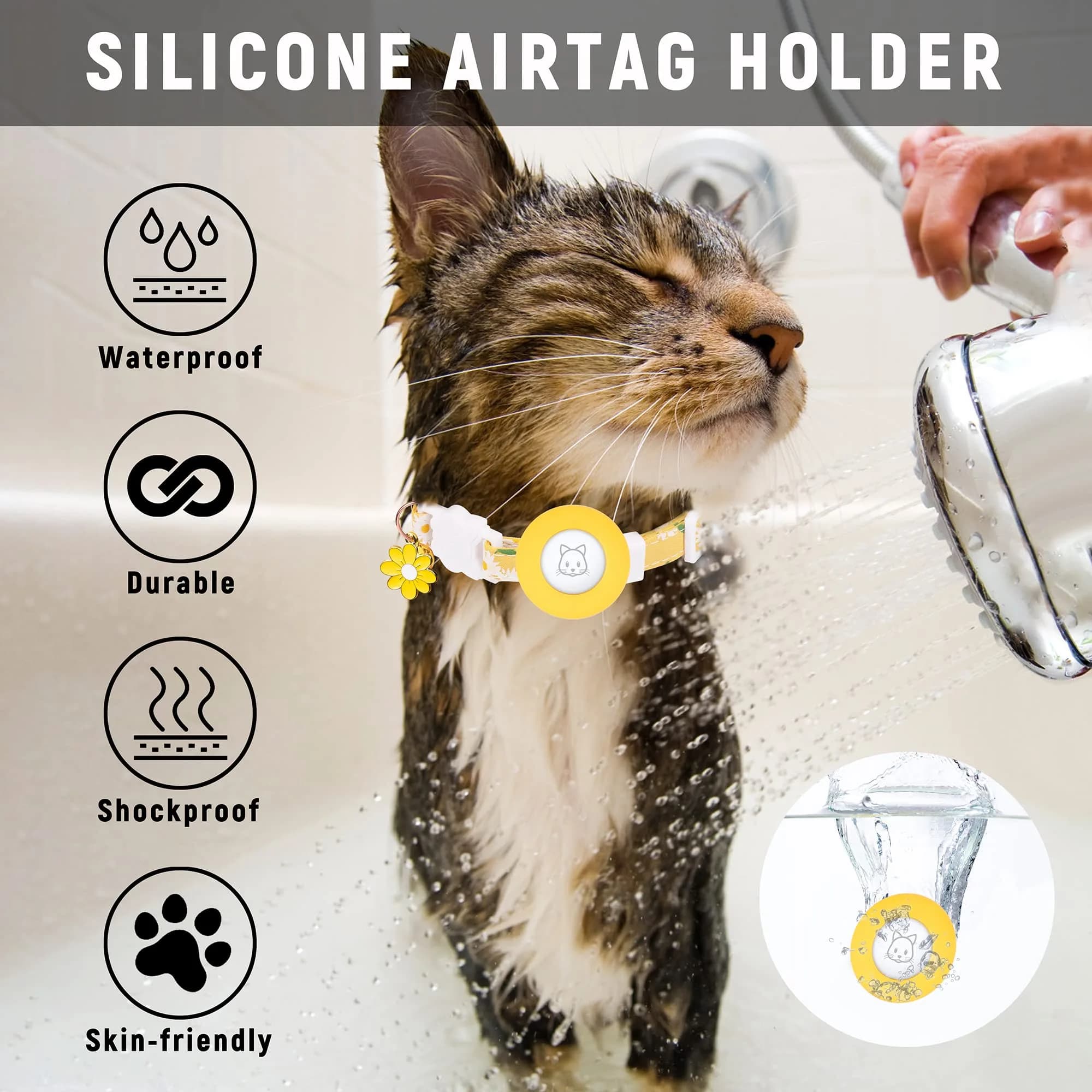JXFUKAL Airtag Cat Collar with Breakaway Buckle, Silicone AirTag Holder, Bell & Flower Charm, Yellow, 20-30 cm (7.1"-11.8") - view 6