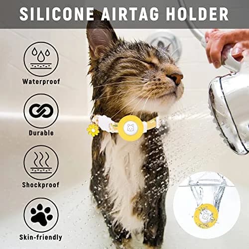JXFUKAL Airtag Cat Collar with Breakaway Buckle, Silicone AirTag Holder, Bell & Flower Charm, Yellow, 20-30 cm (7.1"-11.8") thumbnail 6